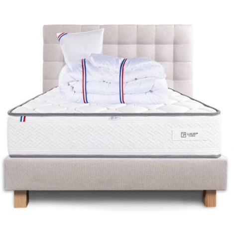 Ensemble Complet Matelas Iris (20 cm) ferme,Sommier beige (20cm) , Tête de lit,Oreiller et Couette, 90x190cm