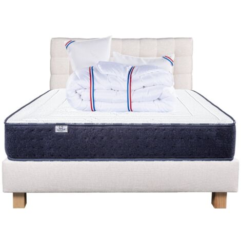 Ensemble complet Matelas Nuage(24 cm), Sommier beige(20cm), Tête de Lit, oreiller et couette, matelas mi-ferme, face été/hiver, 160x200cm