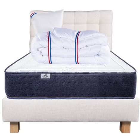 Ensemble complet Matelas Nuage(24 cm), Sommier beige(20cm), Tête de Lit, oreiller et couette, matelas mi-ferme, face été/hiver, 90x190cm