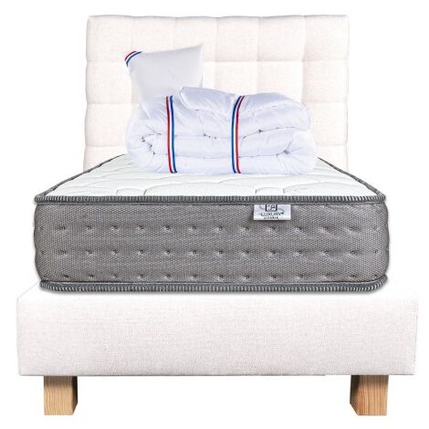 Ensemble Complet Matelas Zen (20 cm),Tête de lit,Sommier (20cm),Oreiller et Couette, 90x190cm