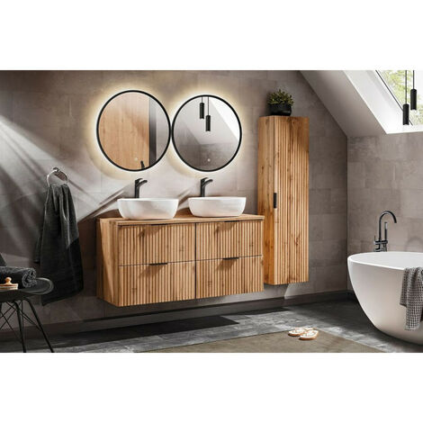 Ensemble complet salle de bain meuble double vasques à poser 120 cm + 3 éléments - Georgia Oak - Livraison gratuite - Beige