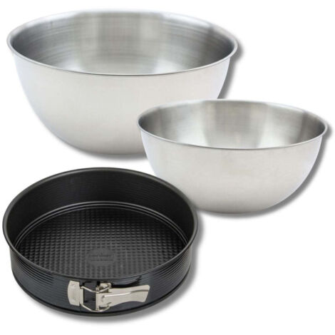 Ensemble comprenant 1 Moule à manqué 26 cm, 1 spatule Zenker et 2 bols à mixer en inox Fackelmann