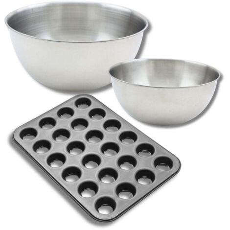 Ensemble comprenant 1 moule muffin 24 empreintes, 1 spatule Zenker et 2 bols à mixer en inox Fackelmann