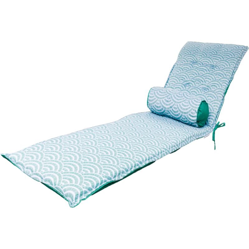 Deco Arts - Ensemble Coussin pour Chaise Longue et Traversin 195x60x5cm & 45x18cm Motif Éventails Verts