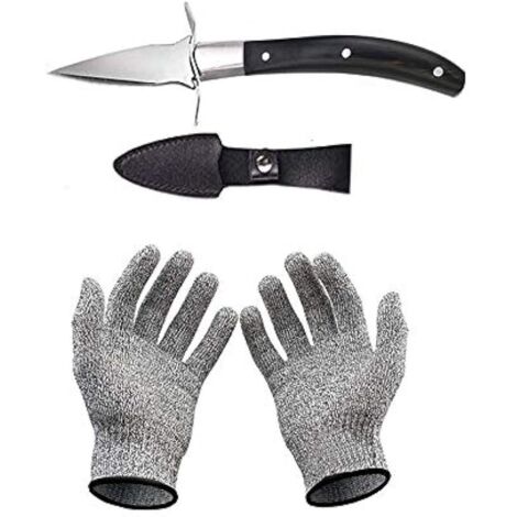 Ensemble couteau à huîtres et gants résistants aux coupures, ouvre-huîtres et gants de protection pour coquillages ou fromages à pâte dure - Oyster Knife (cuisine, jardinage, DIY) (Noir, Milieu)