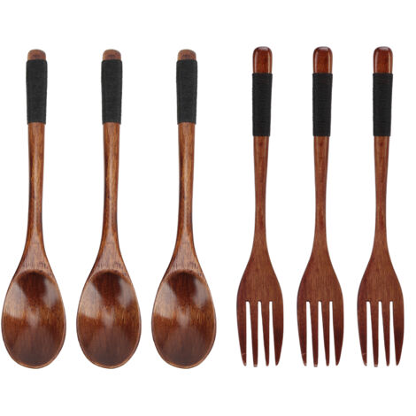 Ensemble Cuillère Fourchette Japonais en Bois avec Enroulement Corde pour Meilleure Prise
