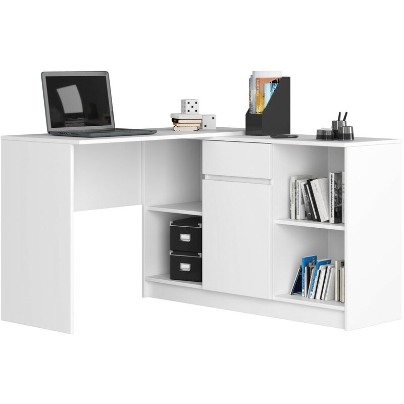 Ensemble d'angle AKORD bureau B17 avec commode Blanc 120 cm 1 porte 1 tiroir façade Blanche 6 étagères 120x126x79 cm
