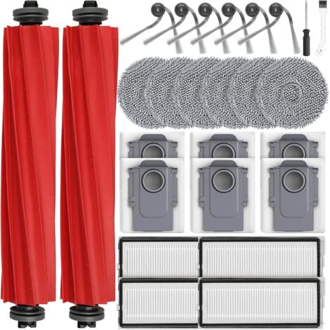 Ensemble d'accessoires de 25 pièces pour aspirateurs robots Roborock QV 35A/QV 35S : 2 brosses principales, 6 sacs à poussière, 6 lingettes de nettoyage, 4 filtres HEPA, 6 brosses latérales, 1 brosse 