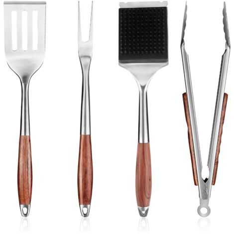Ensemble d'accessoires de barbecue durables 4 pièces, comprenant une spatule, une fourchette, une brosse et une pince.
