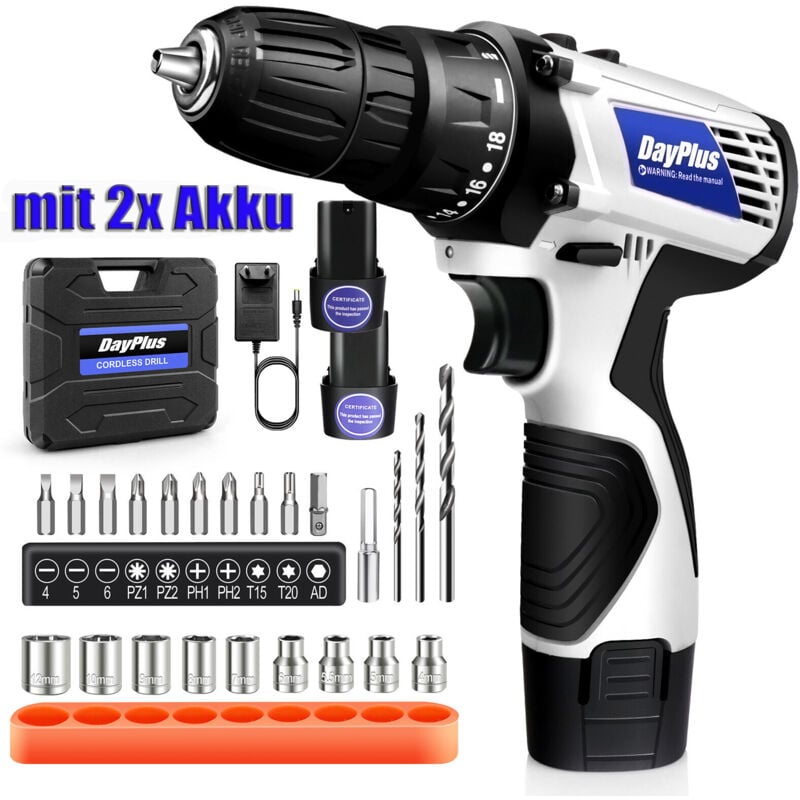 Dayplus - Ensemble d'accessoires de perceuse à percussion sans fil avec 2x batterie à l'intérieur du boîtier