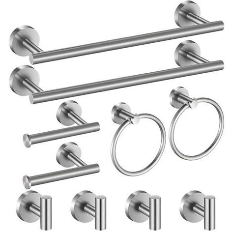 Ensemble d'accessoires de salle de bain 10 pièces, 2 barres porte-serviettes, 2 porte-papier toilette, 2 anneaux porte-serviettes, 4 crochets pour peignoir, acier inoxydable, fixation à vis (finition 