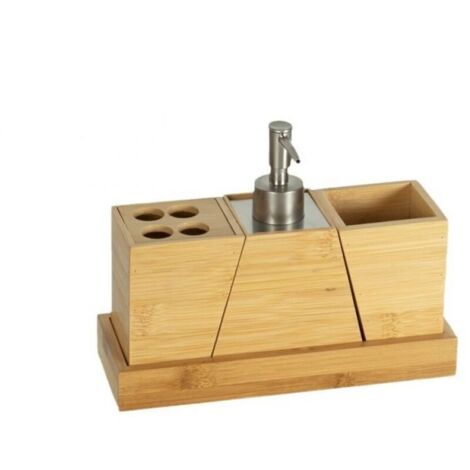 Ensemble d'accessoires de salle de bain - 4 accessoires en bambou - Porte-brosse à dents - Distributeur de savon - Gobelet pour bain de bouche - Étagère