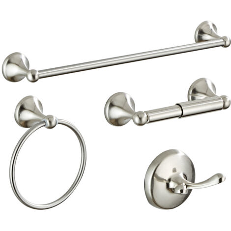 Ensemble d'accessoires de salle de bain 4 pièces (barre porte-serviettes, anneau, crochet, porte-papier toilette), nickel brossé 40 cm