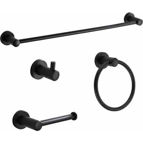 Ensemble d'accessoires de salle de bain 4 pièces Noir mat, comprenant une barre porte-serviette, un anneau porte-serviette, un porte-papier serviette et un crochet pour serviette, fixation murale