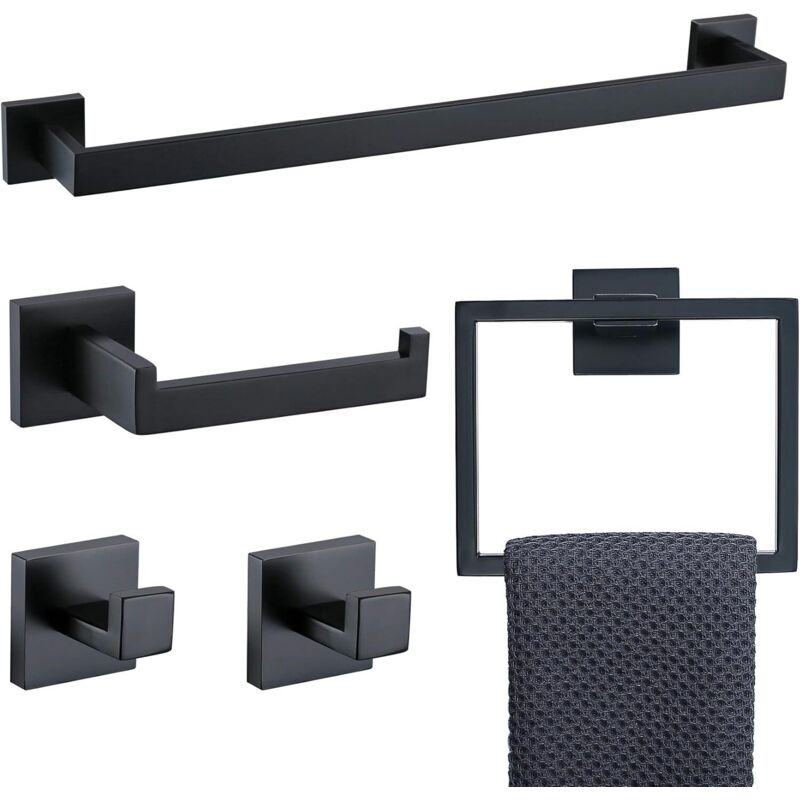 Ensemble d'accessoires de salle de bain 5 pièces en acier inoxydable noir mat et or brossé, porte-serviettes et 2 crochets pour serviettes, fixation