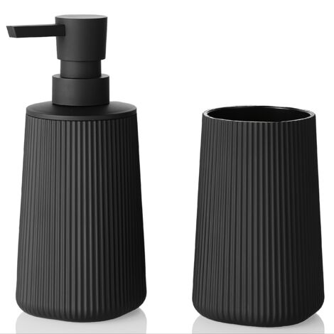 Ensemble d'accessoires de salle de bain à rayures noires mates (deux pièces), comprenant un distributeur de savon et un porte-brosse à dents pour le comptoir de la salle de bain.-AquaForge