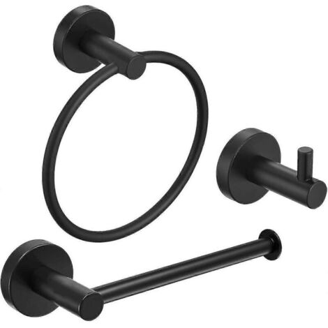 Ensemble d'accessoires de salle de bain en acier inoxydable noir, 3 pièces : porte-serviettes mural double, crochet pour porte-serviettes et papier toilette.