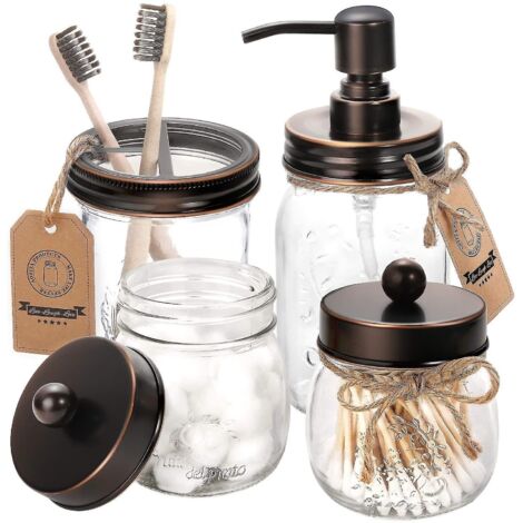 Ensemble d'accessoires de salle de bain en bronze huilé comprenant un distributeur de savon en bocal Mason, deux pots d'apothicaire et un porte-brosses à dents - Décoration rustique de style campagnar