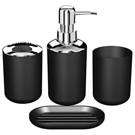 Ensemble D'Accessoires de Salle de Bain en Plastique de 4 Pièces, Ensemble D'Accessoires de Brosse de Toilette de Bain avec Porte-Brosse à Dents, Tasse de Brosse à Dents (Noir)