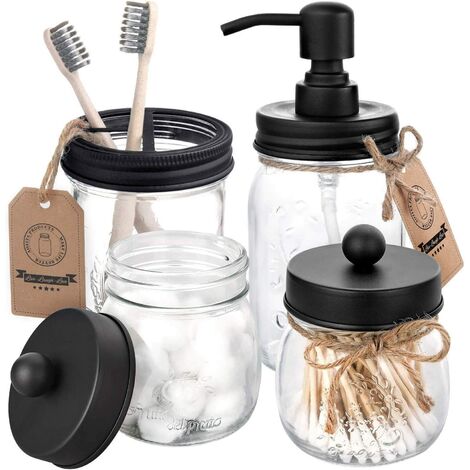 Ensemble d'accessoires de salle de bain Mason Jar 4 pièces - Distributeur de savon Mason Jar et 2 pots d'apothicaire et porte-brosse à dents - Décor de ferme rustique, Liquidation de décoration de sal