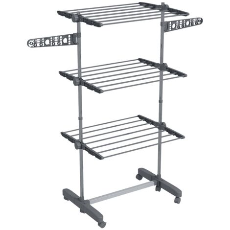 Ensemble d'accessoires de salle de bain Séchoir à linge tour 3 niveaux pliant avec ailes latérales roulettes acier gris