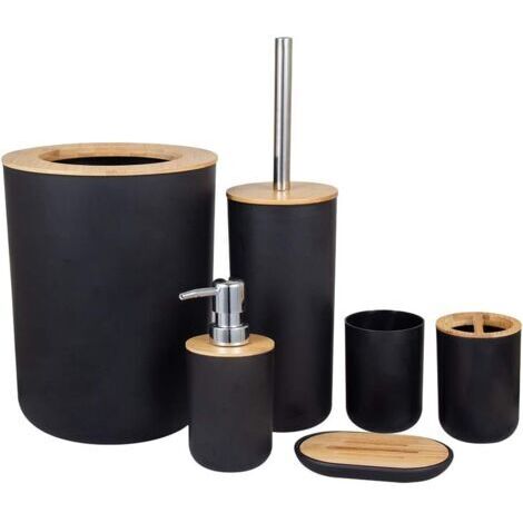 Ensemble d'accessoires salle de bain en bambou – Distributeur de savon, porte-brosse à dents, brosse toilette, poubelle, tasse – Économie d'espace