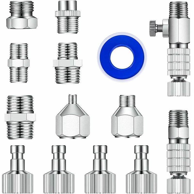 Forehill - Ensemble d'adaptateurs d'aérographe multi-taille 14 pièces, coupleurs de déconnexion à dégagement rapide d'aérographe, kit d'adaptateur