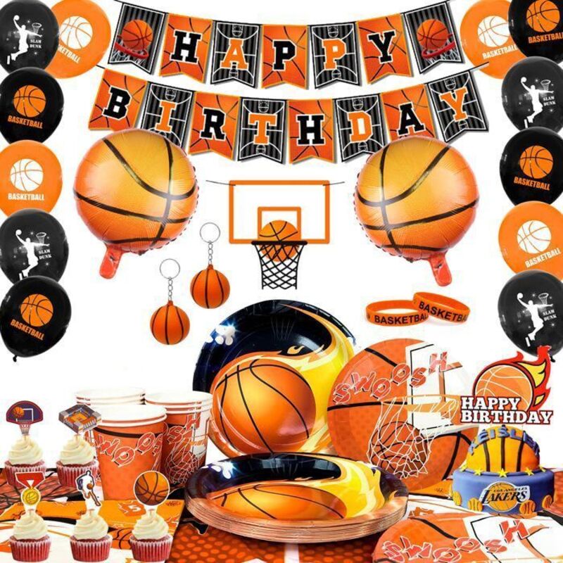 Ensemble d'Anniversaire de Basket-Ball, Set de Vaisselle Décorations de Fête de Basket-Ball, Bannière d'Anniversaire pour 16 invités