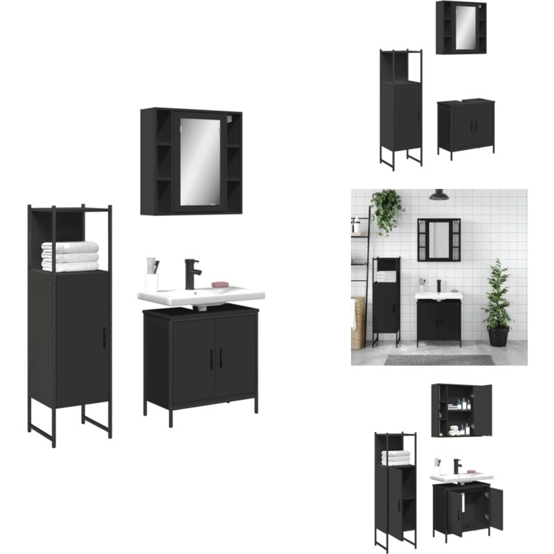 Ensemble d'armoires salle de bain 3 pcs noir bois d'ingénierie - Meuble Salle De Bain - Ensemble Armoires Salle De Bain - Armoire Salle De Bain