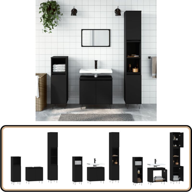 Ensemble d'armoires salle de bain 3 pcs noir bois d'ingénierie - Meublement Salle De Bain - Ensemble Meuble Salle De Bain - Armoire Salle De Bain