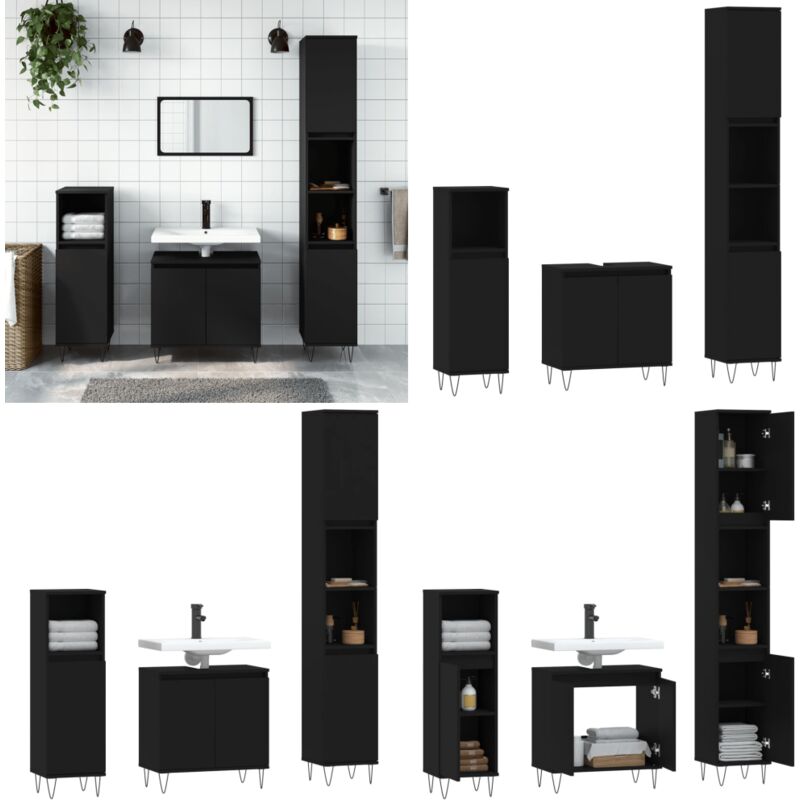 Ensemble d'armoires salle de bain 3 pcs noir bois d'ingénierie - Meublement Salle De Bain - Ensemble Meuble Salle De Bain - Armoire Salle De Bain