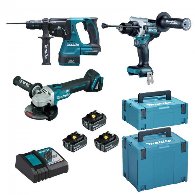 Lot 3 outils 18V perceuse visseuse DDF486 + perfo burineur DHR243 + disqueuse DGA506 MAKITA avec 3 batteries 18V 5.0Ah chargeur MakPac DLX3157TJ