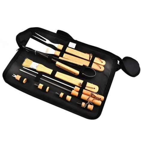 Ensemble de 10 accessoires pour barbecue, comprenant un kit de grillade, un sac de transport avec poignée en bois et des ustensiles de barbecue. - AquaForge