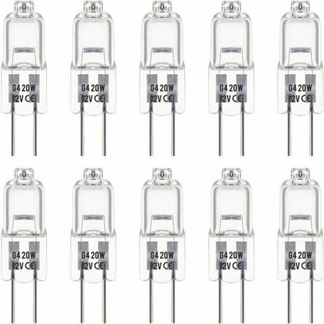 Ensemble de 10 ampoules halogènes G4 de 12V et 20W. Ces ampoules émettent une lumière blanche chaude de 3000K, avec une luminosité de 350 lumens. Elles sont gradables et ont un aspect transparent.