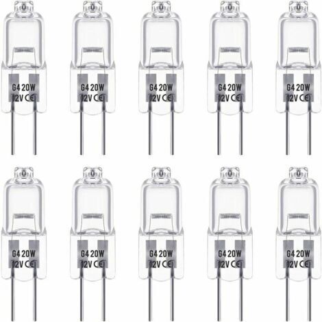 Ensemble de 10 ampoules halogènes G4 de 12V et 20W. Ces ampoules émettent une lumière blanche chaude de 3000K, avec une luminosité de 350 lumens. Elles sont gradables et ont un aspect transparent.