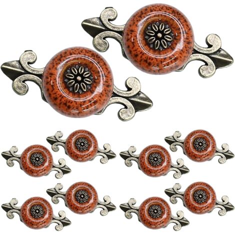 Ensemble de 10 boutons en céramique à motifs orange — Boutons de meubles vintage avec plaques arrière en bronze antique — Poignées décoratives pour tiroirs d'armoires et de placards