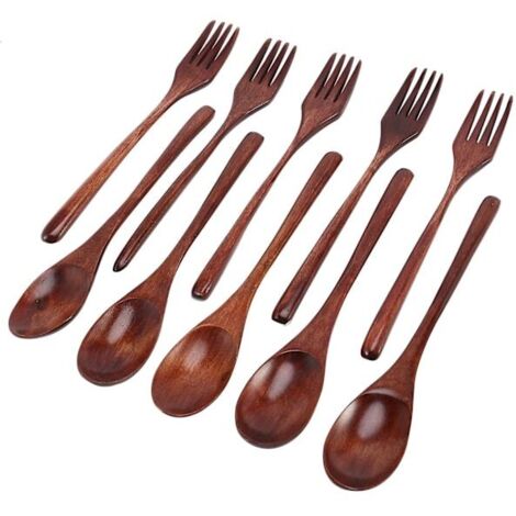 Ensemble de 10 cuillères et fourchettes en bois, ustensiles de cuisine réutilisables en bois naturel.