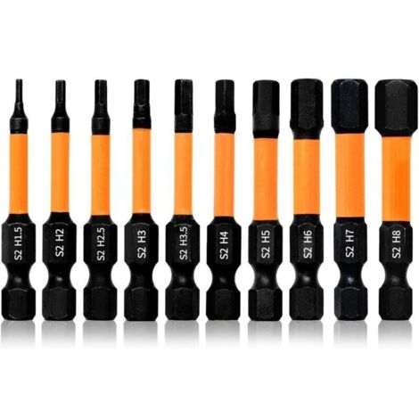 Ensemble de 10 embouts de tournevis hexagonaux de 50 mm de long, embouts de tournevis hexagonaux internes à impact magnétique H1.5 H2 H2.5 H3 H3.5 H4 H5 H6 H7 H8, tige hexagonale de 1/4".