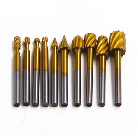 Ensemble de 10 limes rotatives en acier rapide plaqué titane - meuleuse électrique, couteau à sculpter le bois, fraise à meuler, outils de sculpture et de meulage pour le travail du bois et du métal