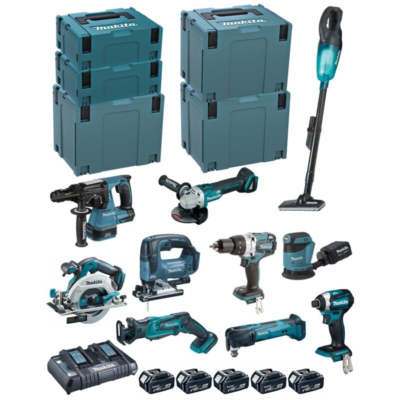 Makita - Set di 10 macchine 18V (DCL180 + DHP486 + DTD154 + DGA506 + DHS680 + DHR243 + DTM51 + DJR183 + DJV182 + DBO180) con 5 batterie 18v 5Ah e