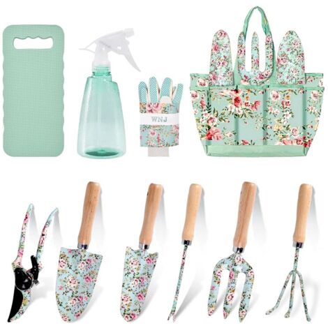 Ensemble de 10 outils de jardinage robuste avec sac de transport, incluant sécateur, truelles, râteau, pulvérisateur, coussin et gants