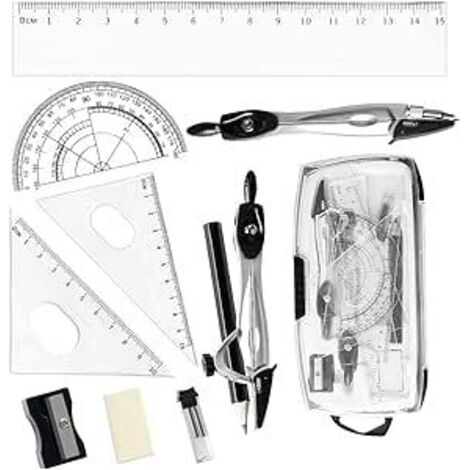 Ensemble de 10 pièces pour les mathématiques, fournitures scolaires : compas, rapporteur, règle, gomme, mines de crayon, crayon et