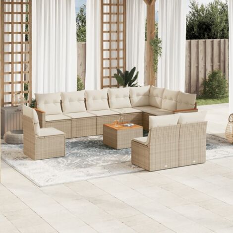 Ensemble de 10 pièces salon jardin résine tressée beige avec coussins lavables