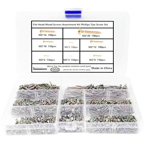 Ensemble de 1050pcs boîte, M2 argent acier au carbone nickelé tête plate tête fraisée vis auto - taraudeuse