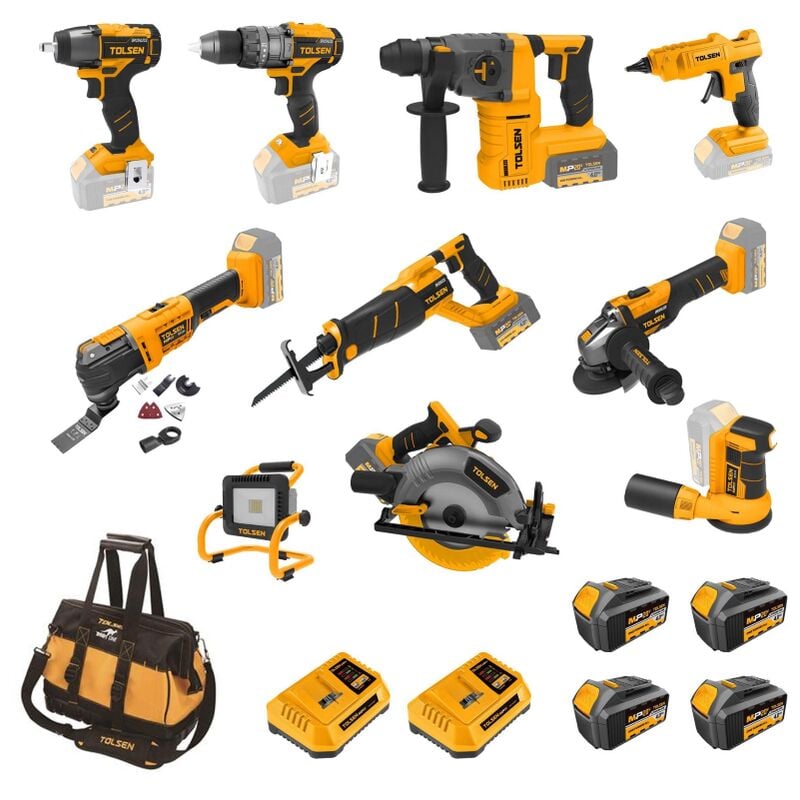 Ensemble de 11 machines TOLSEN a' outils e'lectriques sans balais Se'rie MP20 + 4 batteries 4 Ah + 2 chargeurs 4 Ah