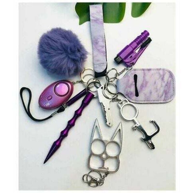 KZQ - Ensemble de 11 Pièces de Porte-Clés d'Auto-Défense en Violet pour les Femmes - Porte-Clés Portable d'Alarme Personnelle de Sécurité
