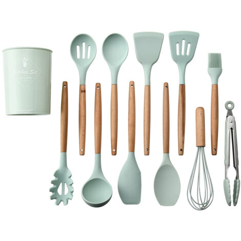 Ensemble de 11 ustensiles de cuisine en silicone, avec manches en bois de haute qualité, fabriqués en silicone avec un revêtement