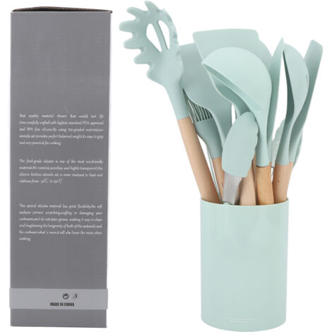 Ensemble de 11 ustensiles de cuisine résistant à la chaleur, design sans soudure et antidérapant, spatules vert clair pour cuisson confortable à la maison