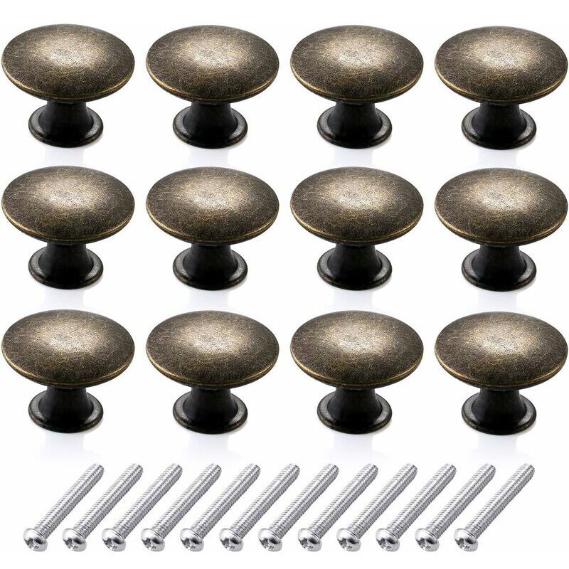 Ensemble de 12 Boutons Ronds Vintage pour Commodes, Boutons de Meubles Rétro en Laiton Antique pour Tiroirs de Cuisine (30mm, Bronze)