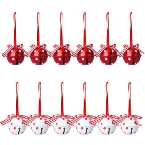 Ensemble de 12 cloches de Noël et grelots, décorations d'arbre de Noël, motif à pois, ornements pendentifs de grelots rouges et blancs